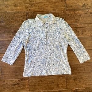 J.McLaughlin Blue White Paisley 3/4 Sleeve Pullover Top sz Large Cotton Modal